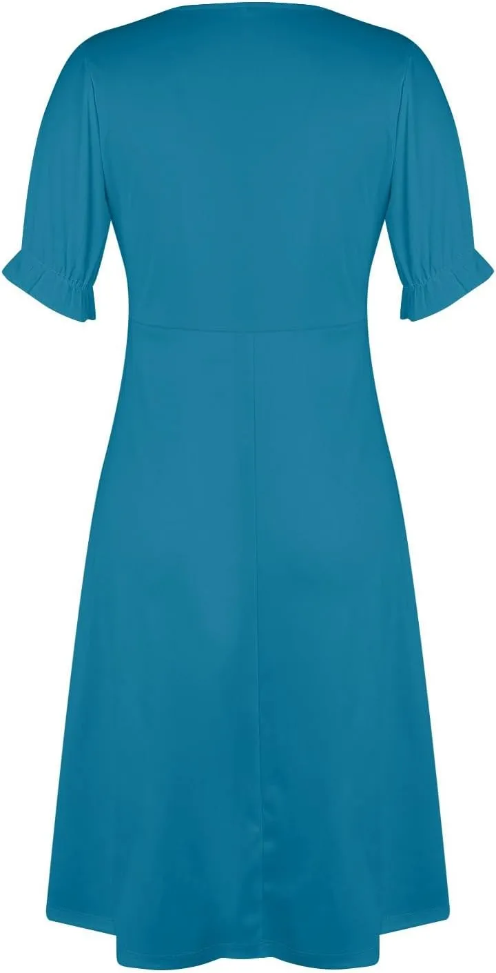 Women's Button Irregular Hem Wrap Midi Dress Elegant Puff Sleeve V Neck Solid Color Cocktail Party Dresses