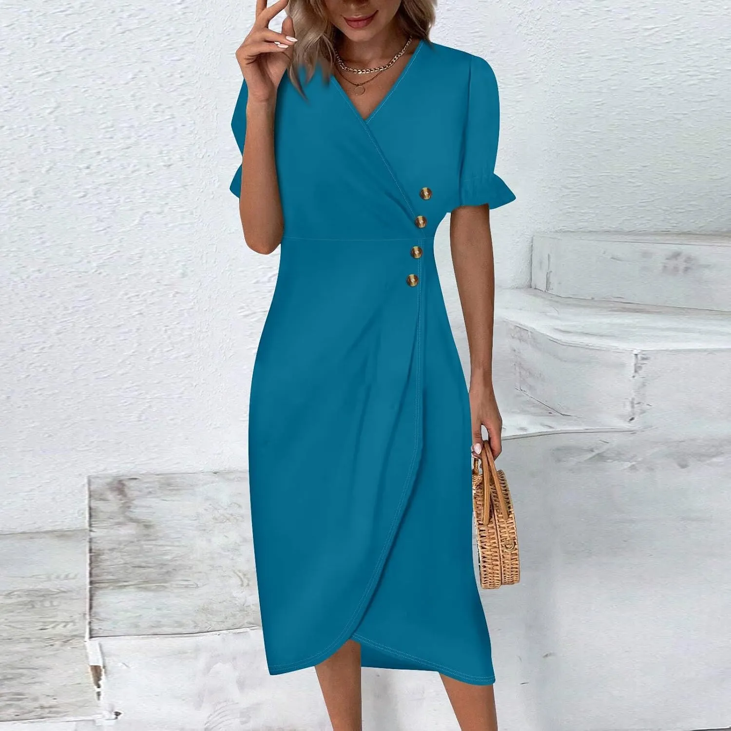 Women's Button Irregular Hem Wrap Midi Dress Elegant Puff Sleeve V Neck Solid Color Cocktail Party Dresses