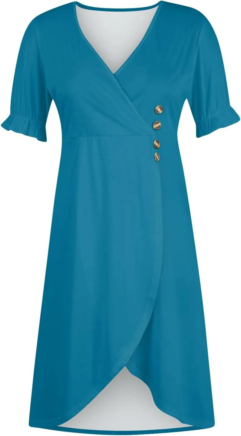 Women's Button Irregular Hem Wrap Midi Dress Elegant Puff Sleeve V Neck Solid Color Cocktail Party Dresses