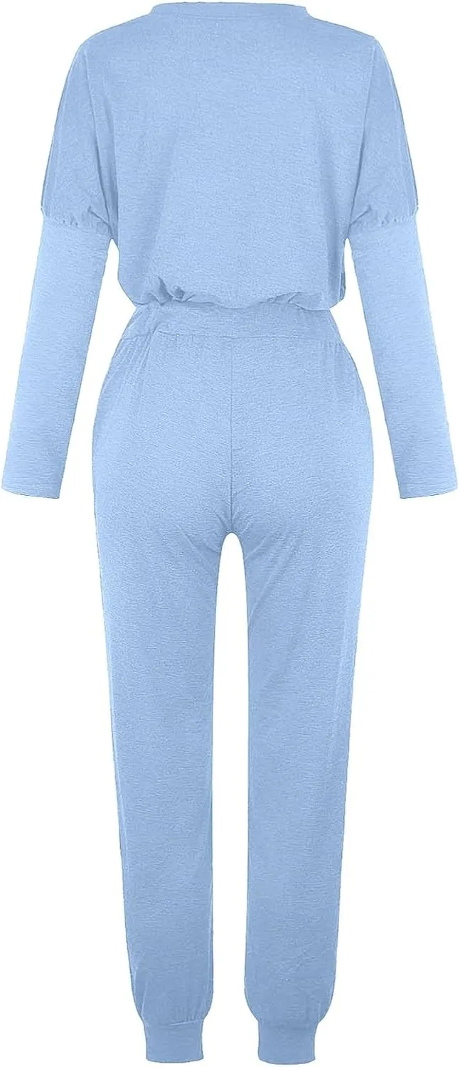 Womens Cargo Sweatpants with Pockets Crewneck Pullover Tops and Long Pants Tracksuit Gym Workout Pants Trousers High