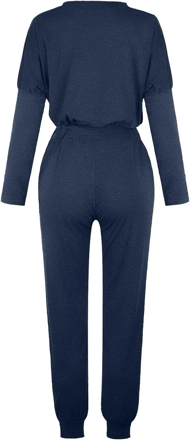 Womens Cargo Sweatpants with Pockets Crewneck Pullover Tops and Long Pants Tracksuit Gym Workout Pants Trousers High