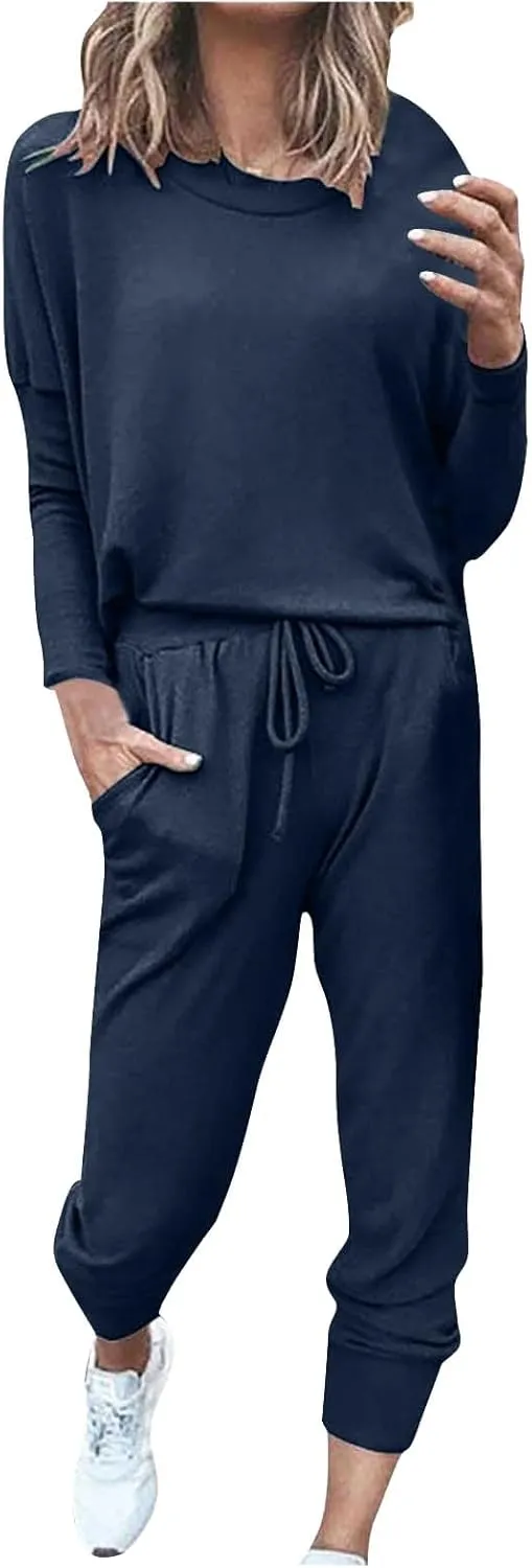 Womens Cargo Sweatpants with Pockets Crewneck Pullover Tops and Long Pants Tracksuit Gym Workout Pants Trousers High