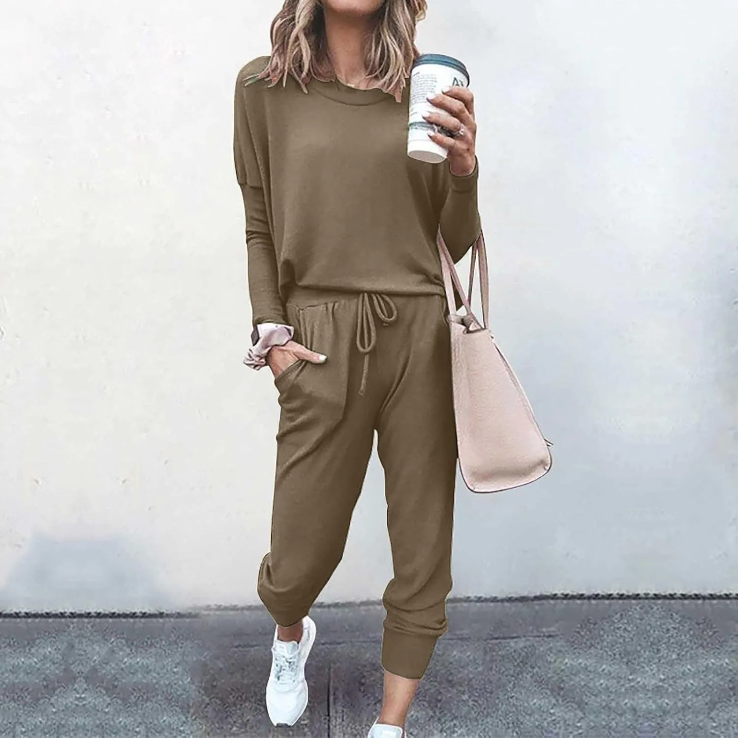 Womens Cargo Sweatpants with Pockets Crewneck Pullover Tops and Long Pants Tracksuit Gym Workout Pants Trousers High