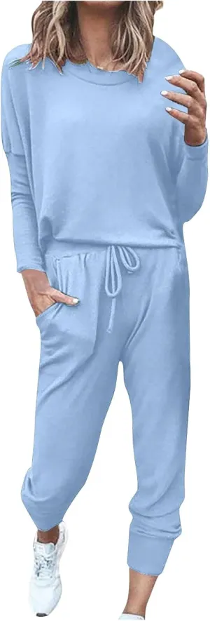 Womens Cargo Sweatpants with Pockets Crewneck Pullover Tops and Long Pants Tracksuit Gym Workout Pants Trousers High