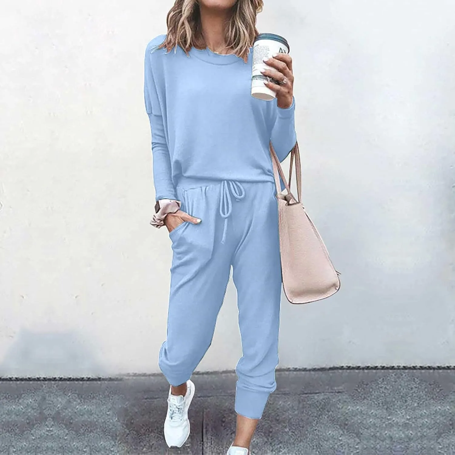 Womens Cargo Sweatpants with Pockets Crewneck Pullover Tops and Long Pants Tracksuit Gym Workout Pants Trousers High