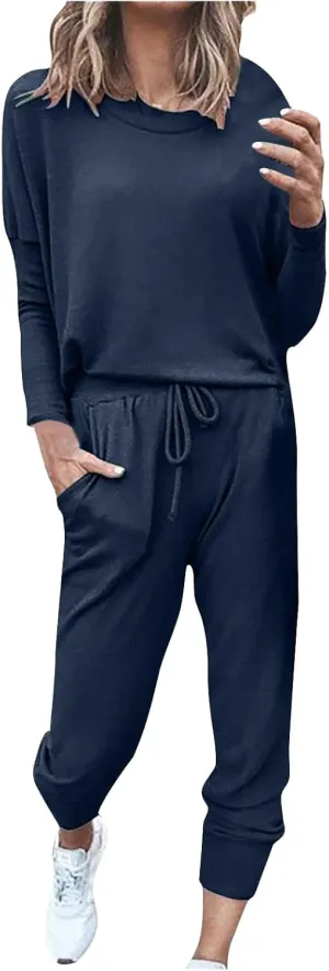 Womens Cargo Sweatpants with Pockets Crewneck Pullover Tops and Long Pants Tracksuit Gym Workout Pants Trousers High