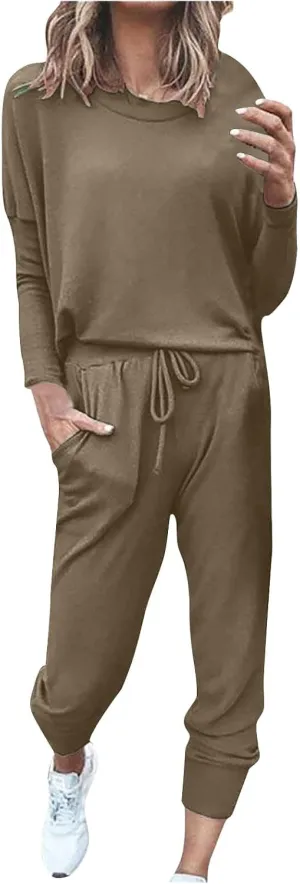 Womens Cargo Sweatpants with Pockets Crewneck Pullover Tops and Long Pants Tracksuit Gym Workout Pants Trousers High