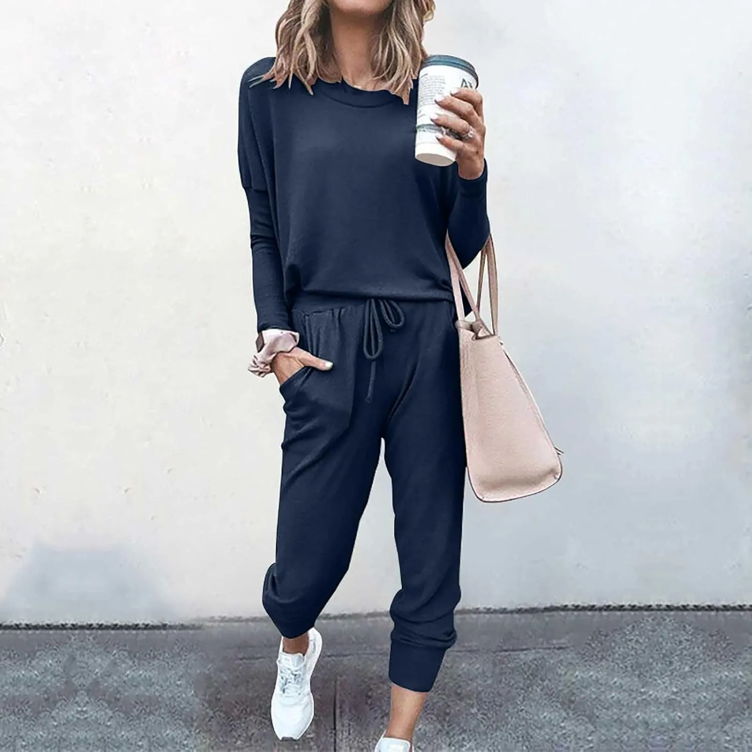 Womens Cargo Sweatpants with Pockets Crewneck Pullover Tops and Long Pants Tracksuit Gym Workout Pants Trousers High