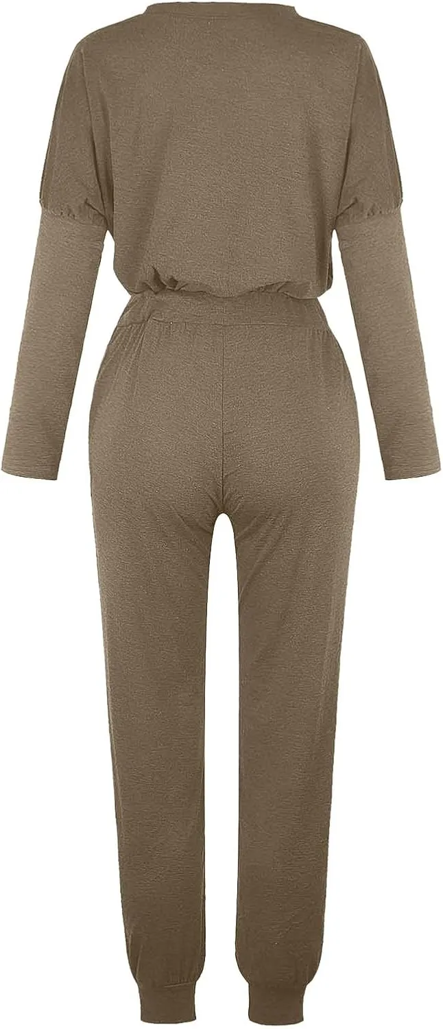 Womens Cargo Sweatpants with Pockets Crewneck Pullover Tops and Long Pants Tracksuit Gym Workout Pants Trousers High