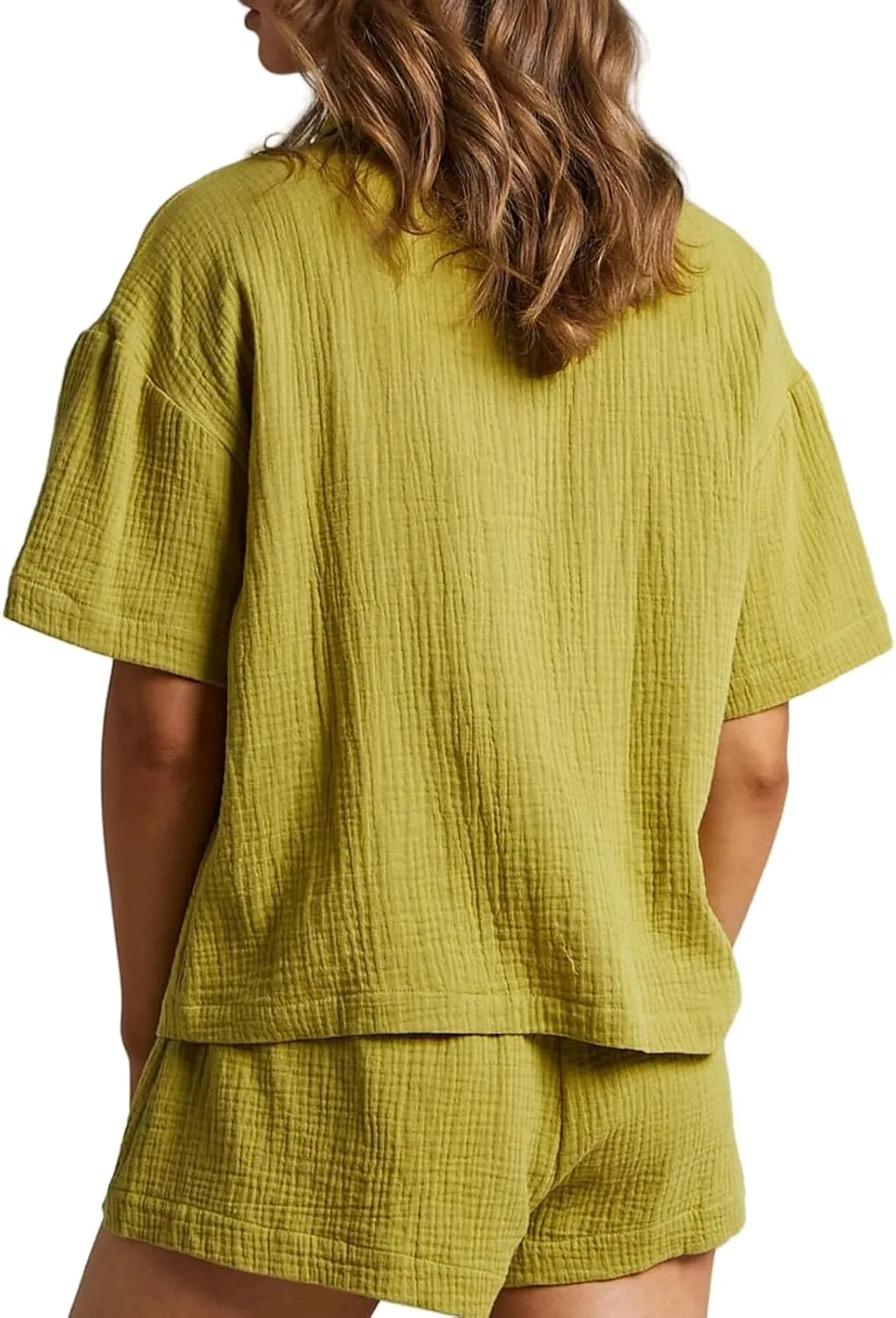Women's Casual 2 Piece Sets Summer Lapel Button Down Short Sleeve Shirts Elastic Waist Shorts Outfit Loose Tracksuit