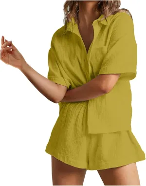 Women's Casual 2 Piece Sets Summer Lapel Button Down Short Sleeve Shirts Elastic Waist Shorts Outfit Loose Tracksuit