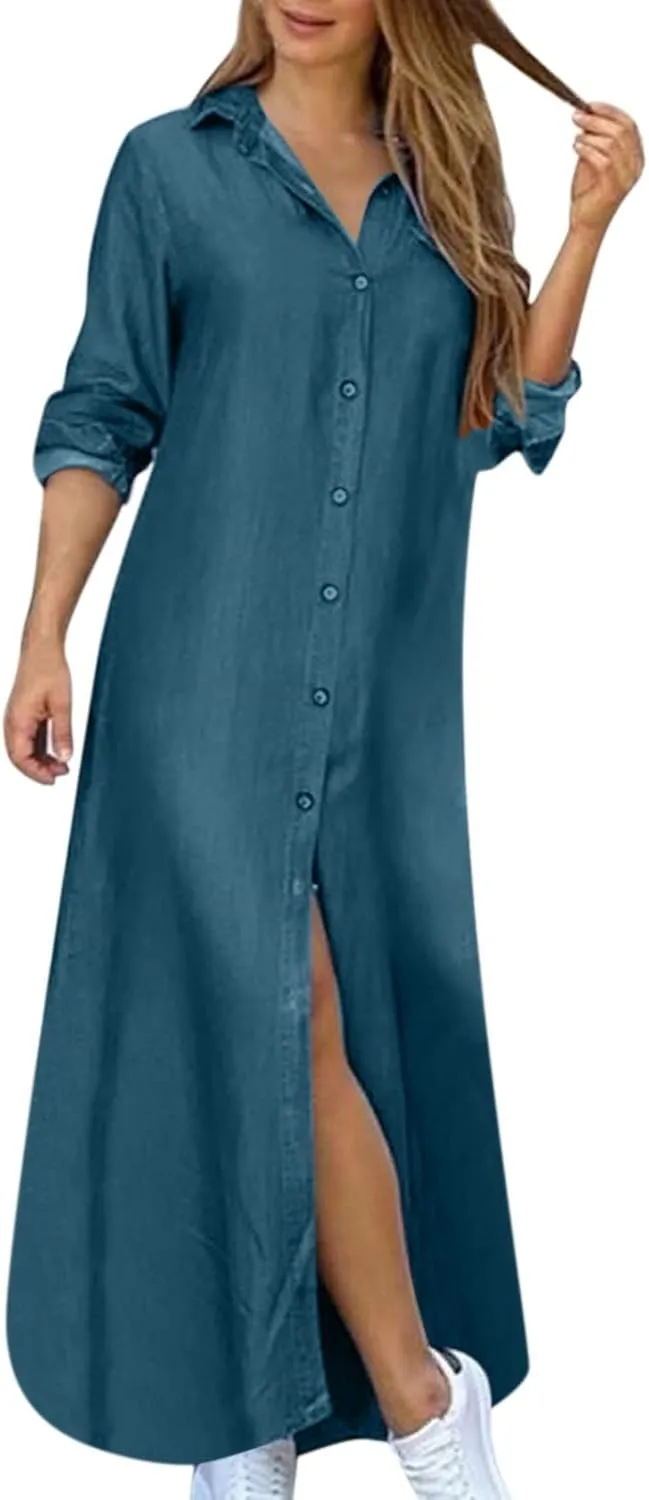Womens Casual Button Down Denim Maxi Dress Lapel Long Sleeve Long Jean Dresses for Ladies with Pockets Fall Outfits