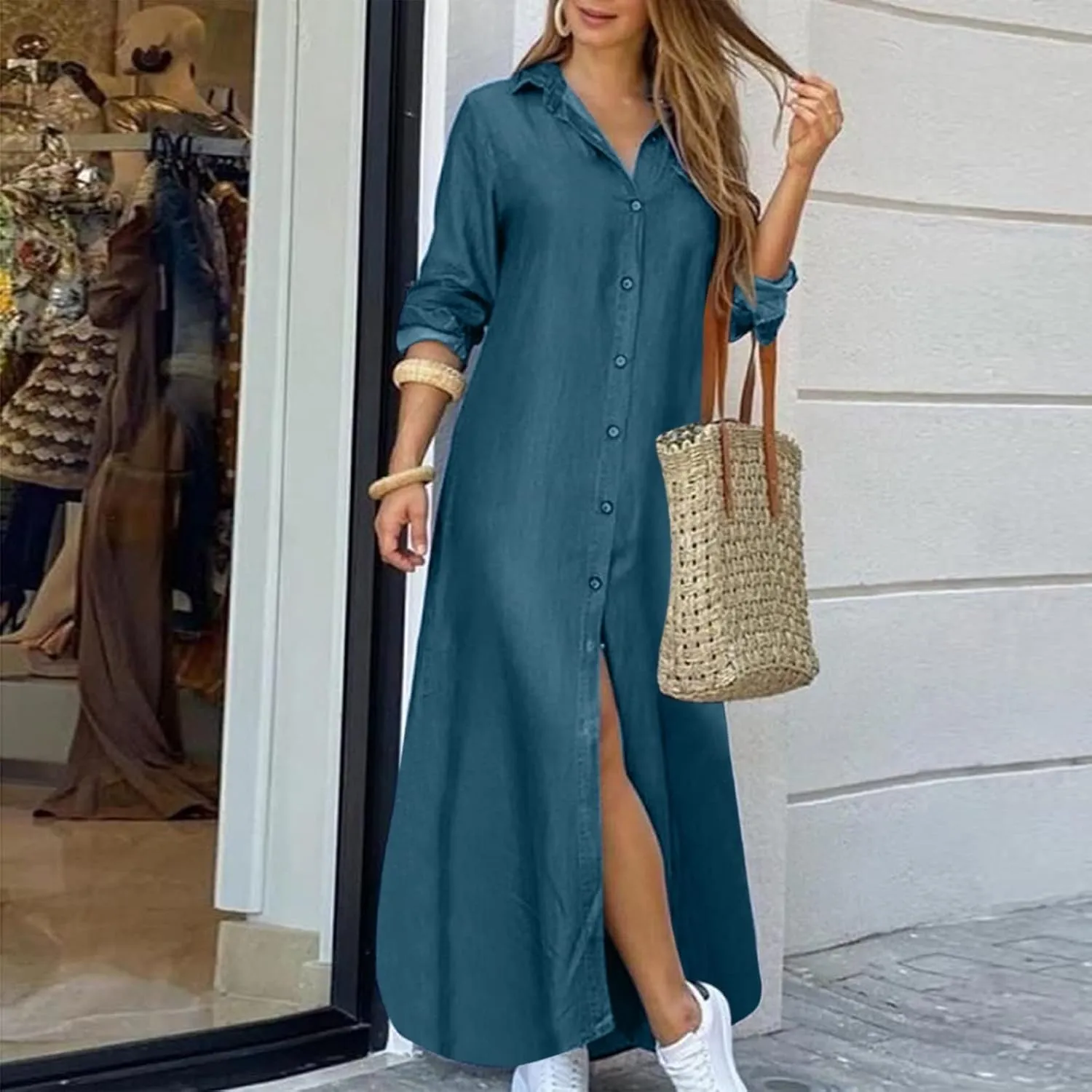 Womens Casual Button Down Denim Maxi Dress Lapel Long Sleeve Long Jean Dresses for Ladies with Pockets Fall Outfits