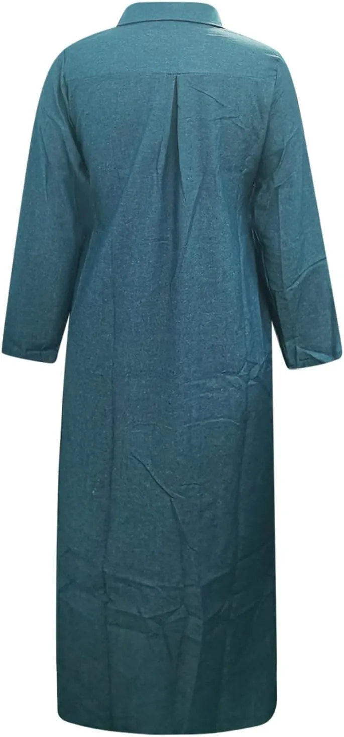 Womens Casual Button Down Denim Maxi Dress Lapel Long Sleeve Long Jean Dresses for Ladies with Pockets Fall Outfits