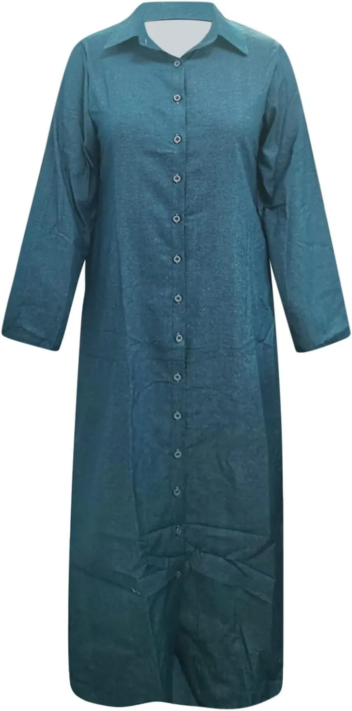 Womens Casual Button Down Denim Maxi Dress Lapel Long Sleeve Long Jean Dresses for Ladies with Pockets Fall Outfits