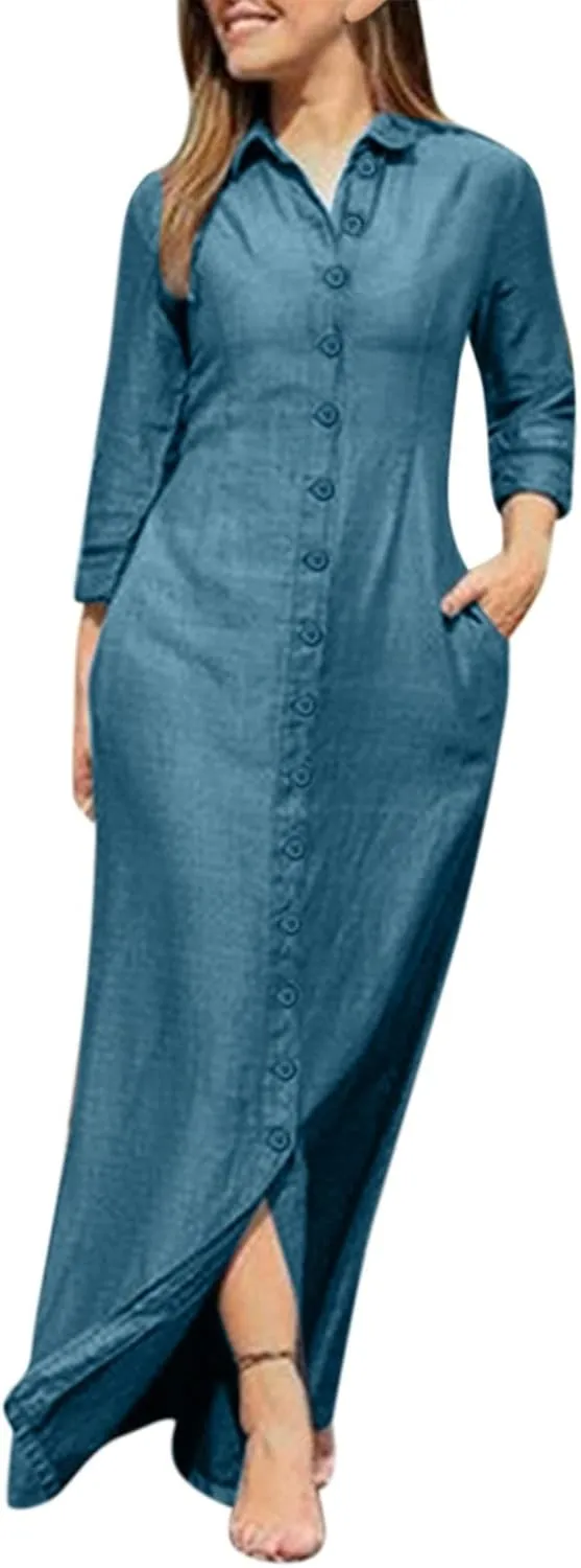 Womens Casual Button Down Denim Maxi Dress Lapel Long Sleeve Long Jean Dresses for Ladies with Pockets Fall Outfits