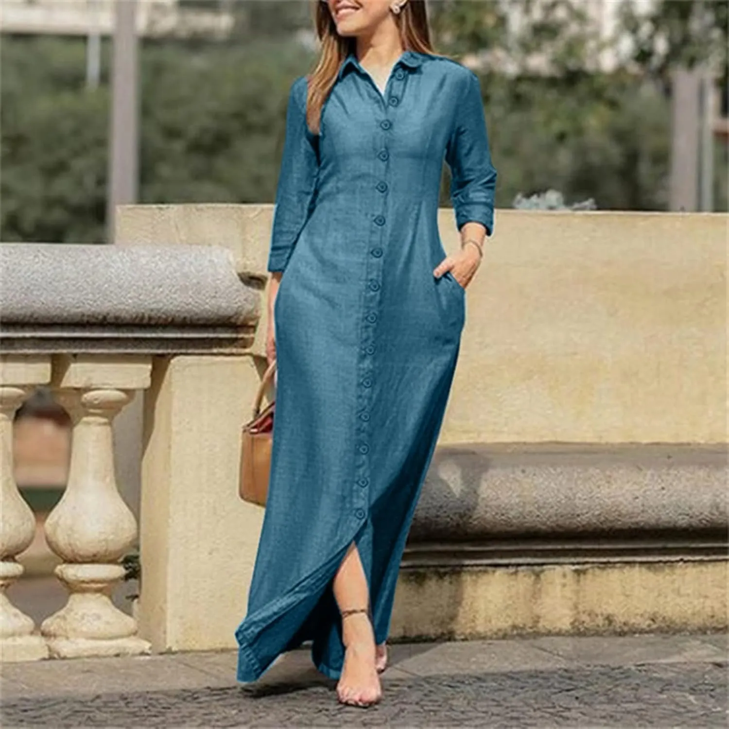 Womens Casual Button Down Denim Maxi Dress Lapel Long Sleeve Long Jean Dresses for Ladies with Pockets Fall Outfits