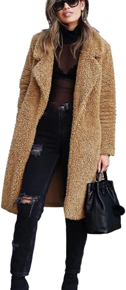 Womens Casual Fuzzy Fleece Long Jackets Zip Up Trench Coats Long Sleeve Lapel Cardigan Fall Winter Warm Outerwear