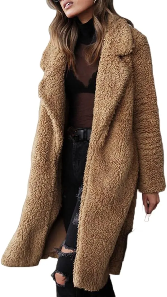 Womens Casual Fuzzy Fleece Long Jackets Zip Up Trench Coats Long Sleeve Lapel Cardigan Fall Winter Warm Outerwear
