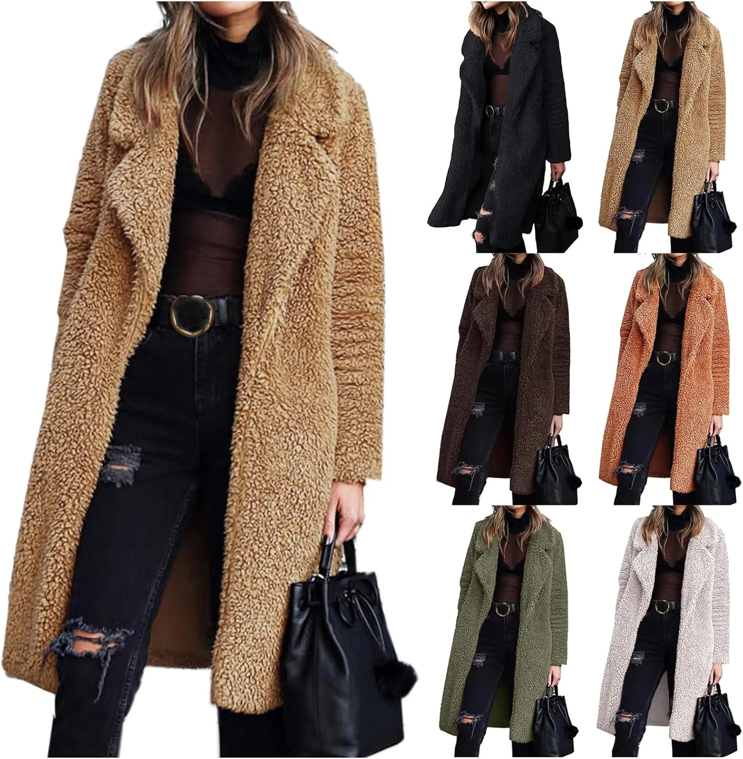 Womens Casual Fuzzy Fleece Long Jackets Zip Up Trench Coats Long Sleeve Lapel Cardigan Fall Winter Warm Outerwear