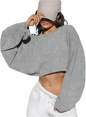 Women's Crewneck Long Sleeve Cropped Sweatshirt Casual Sports Fall Crop Tops