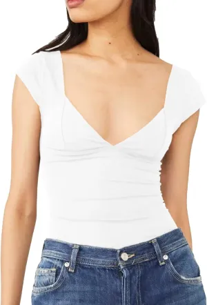 Womens Crop Tops Cami Deep V Neck Sexy Y2K Shirt Short Sleeve Backless Basic Summer Casual Tee Shirts Cami Crop Tops