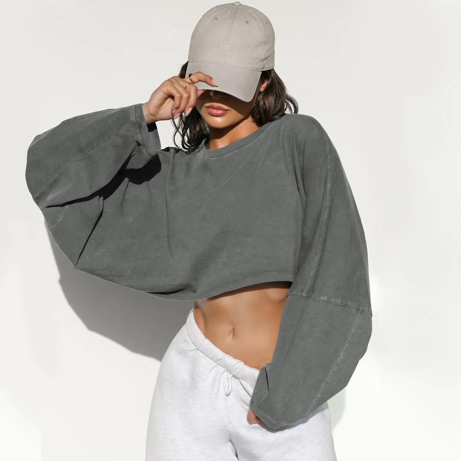 Womens Cropped Sweatshirts Long Sleeve Crop Tops Casual Pullover Hoodies Oversized