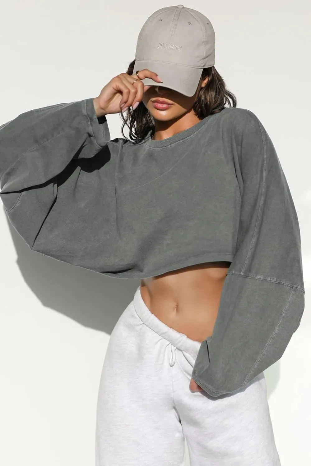 Womens Cropped Sweatshirts Long Sleeve Crop Tops Casual Pullover Hoodies Oversized
