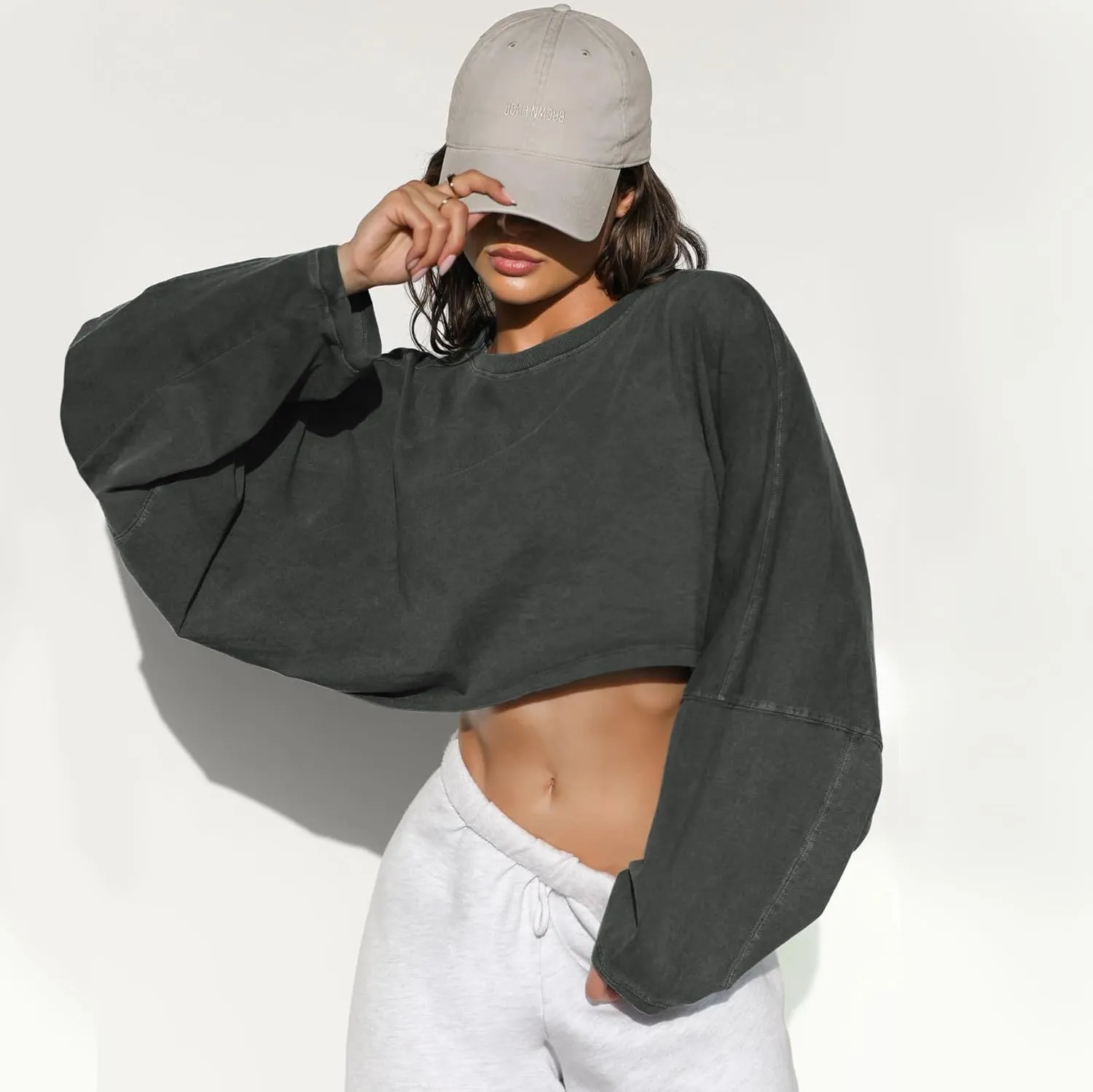 Womens Cropped Sweatshirts Long Sleeve Crop Tops Casual Pullover Hoodies Oversized