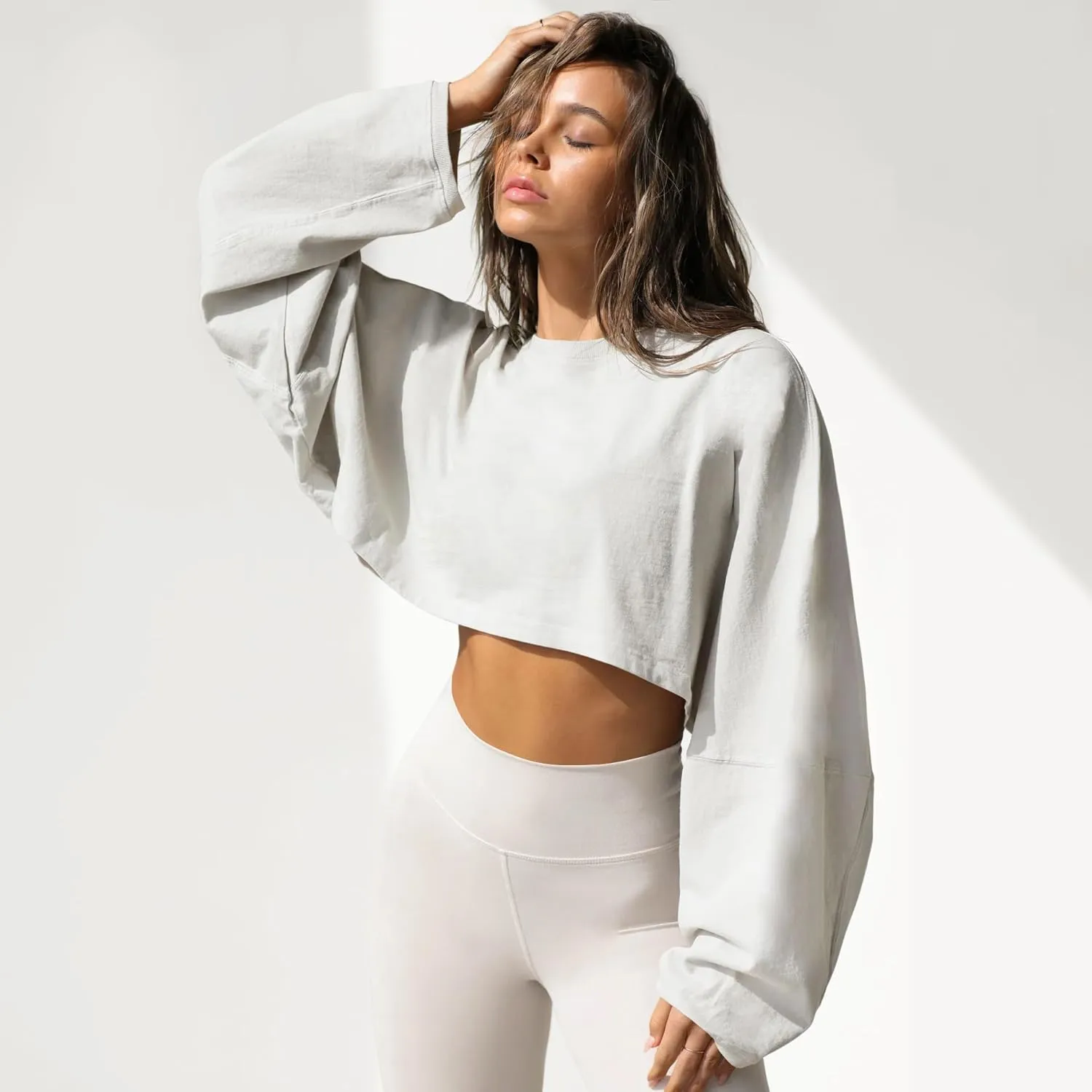 Womens Cropped Sweatshirts Long Sleeve Crop Tops Casual Pullover Hoodies Oversized