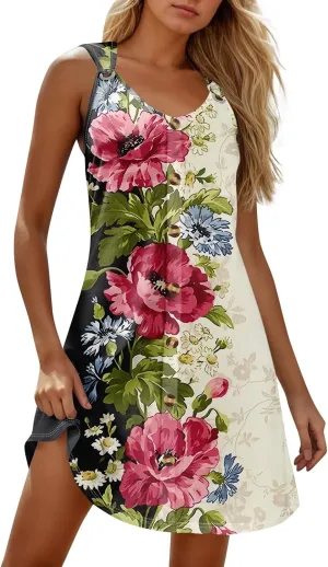 Womens Dresses Casual Plus Size Mini Dress Button Down Tank Dress V Neck Sleeveless Sundress Summer Clothes