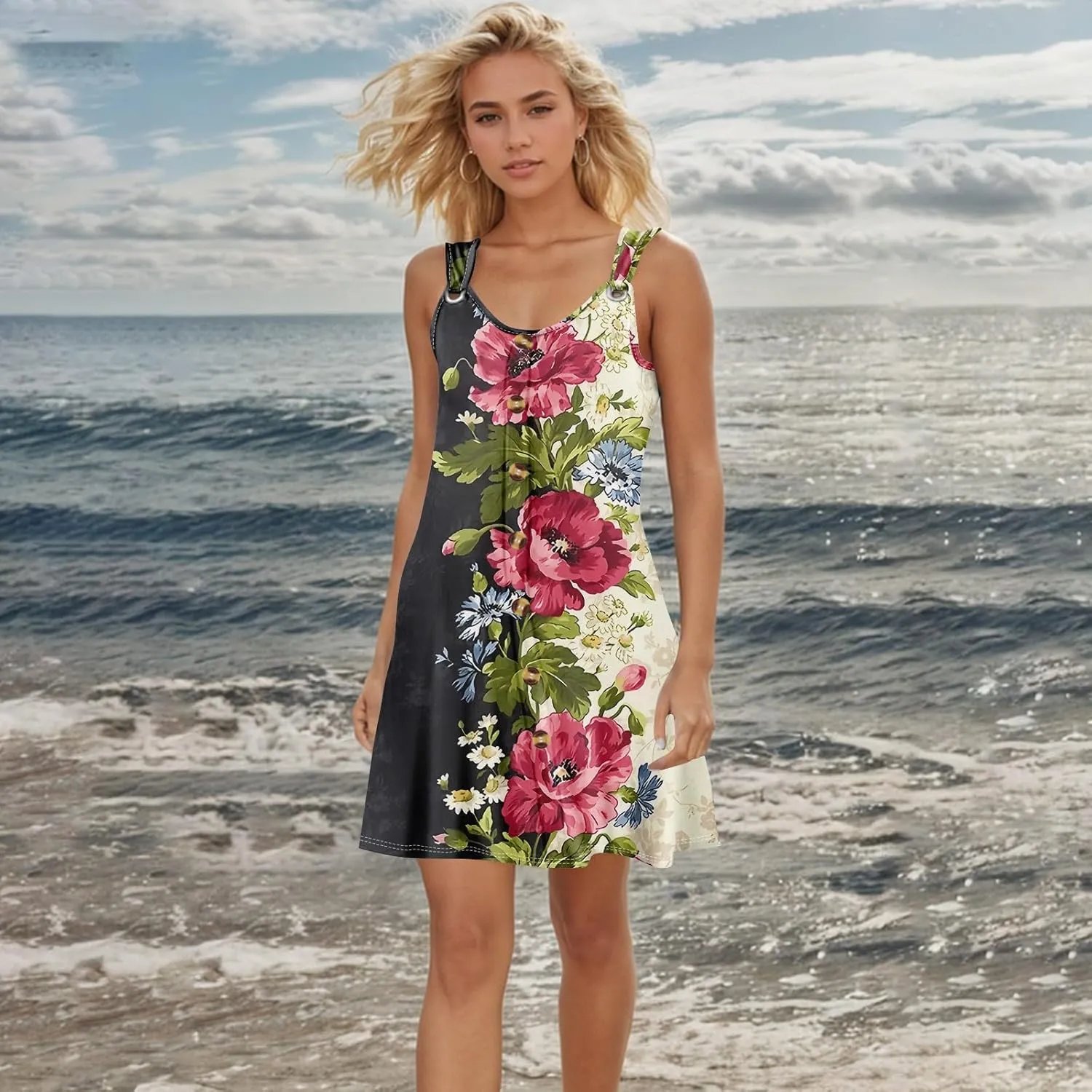 Womens Dresses Casual Plus Size Mini Dress Button Down Tank Dress V Neck Sleeveless Sundress Summer Clothes