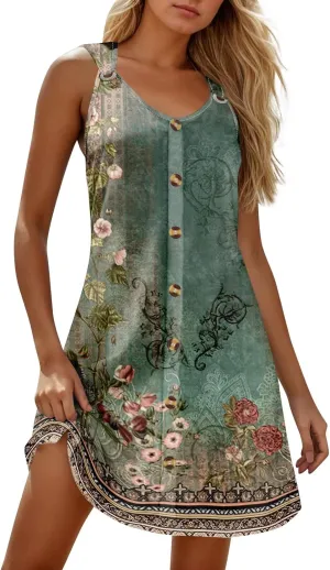 Womens Dresses Casual Plus Size Mini Dress Button Down V Neck Sleeveless Sundress Tank Dress Summer Clothes