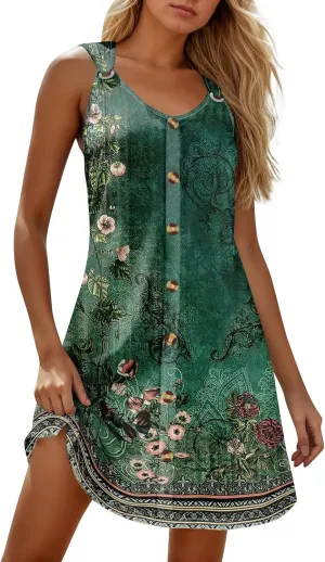 Womens Dresses Casual Plus Size Mini Dress Button Down V Neck Sleeveless Sundress Tank Dress Summer Clothes
