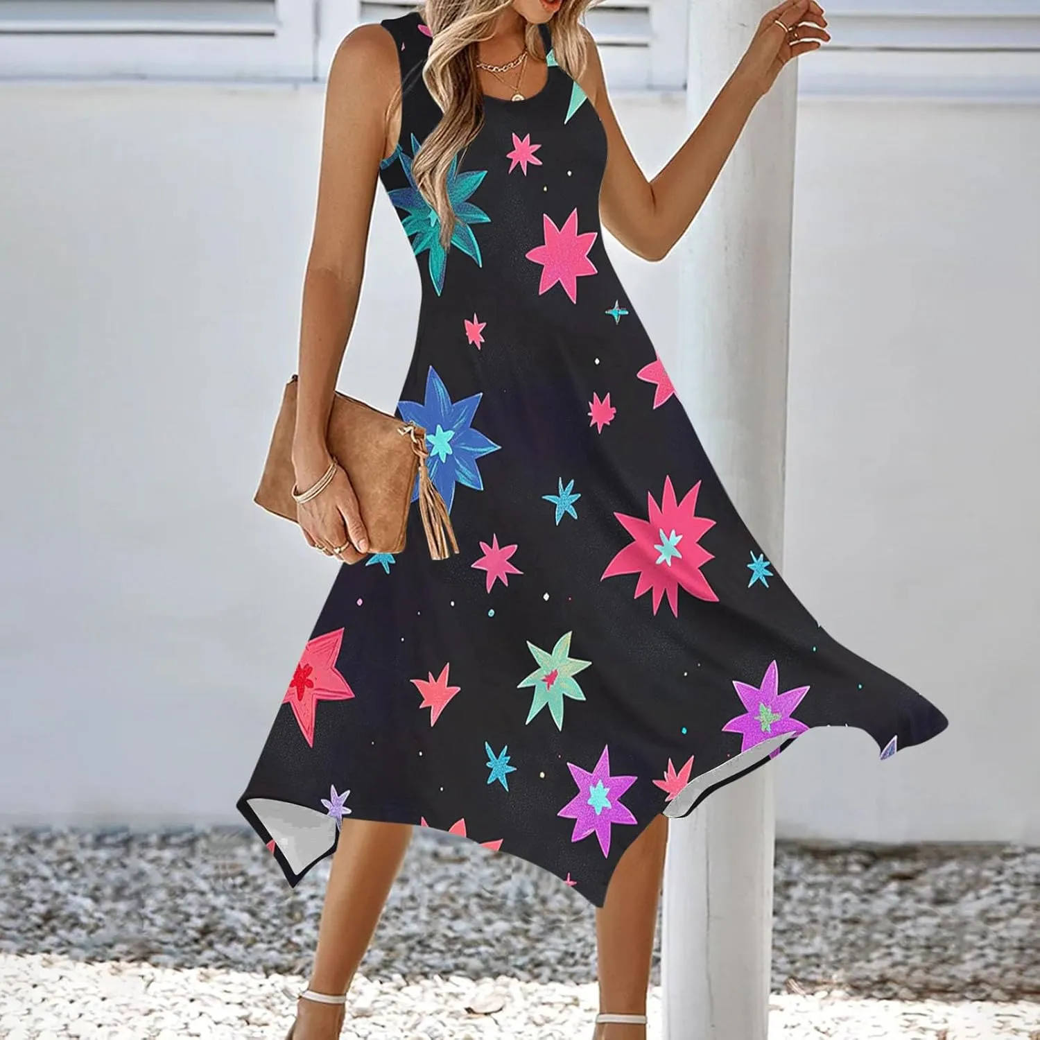 Womens Dresses Casual Summer Fashion Flowy Sleeveless Tank Sundress Crewneck Beach Vacation Swing Long Maxi Dresses