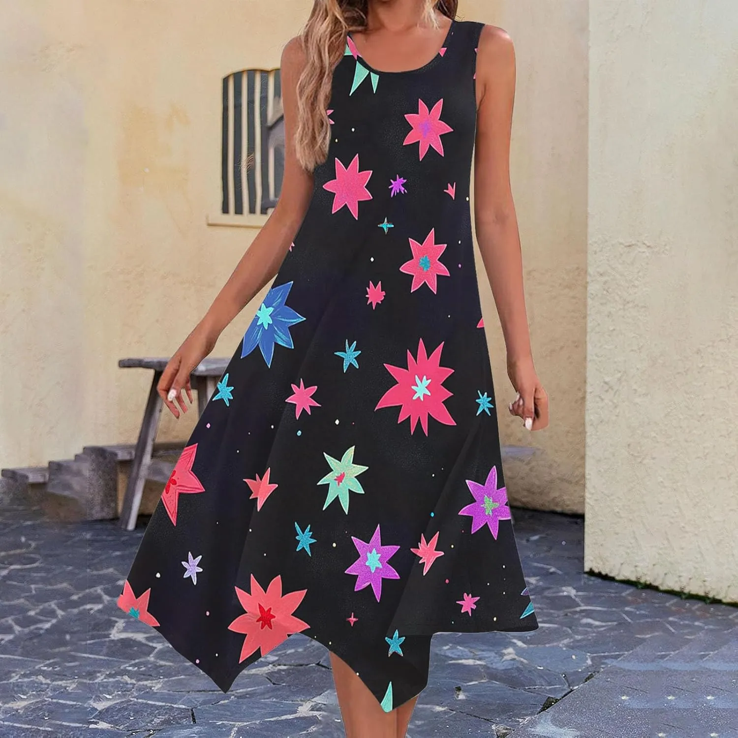 Womens Dresses Casual Summer Fashion Flowy Sleeveless Tank Sundress Crewneck Beach Vacation Swing Long Maxi Dresses