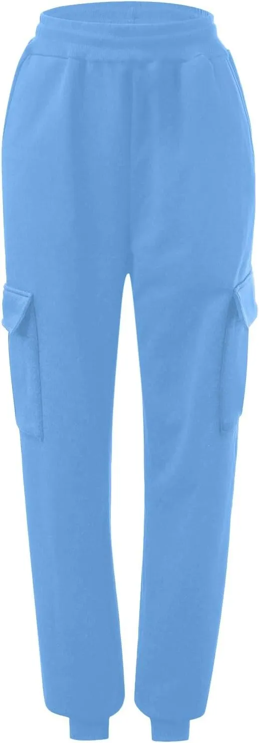 Womens Elastic Waist Cargo Sweatpants Casual High Waisted Cinch Bottom Joggers Baggy Lounge Trousers with Pockets