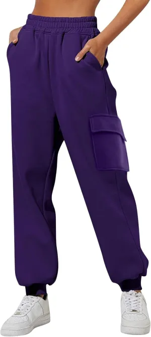 Womens Elastic Waist Cargo Sweatpants Casual High Waisted Cinch Bottom Joggers Baggy Lounge Trousers with Pockets