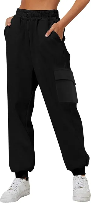 Womens Elastic Waist Cargo Sweatpants Casual High Waisted Cinch Bottom Joggers Baggy Lounge Trousers with Pockets