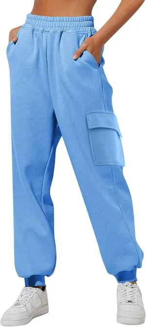 Womens Elastic Waist Cargo Sweatpants Casual High Waisted Cinch Bottom Joggers Baggy Lounge Trousers with Pockets