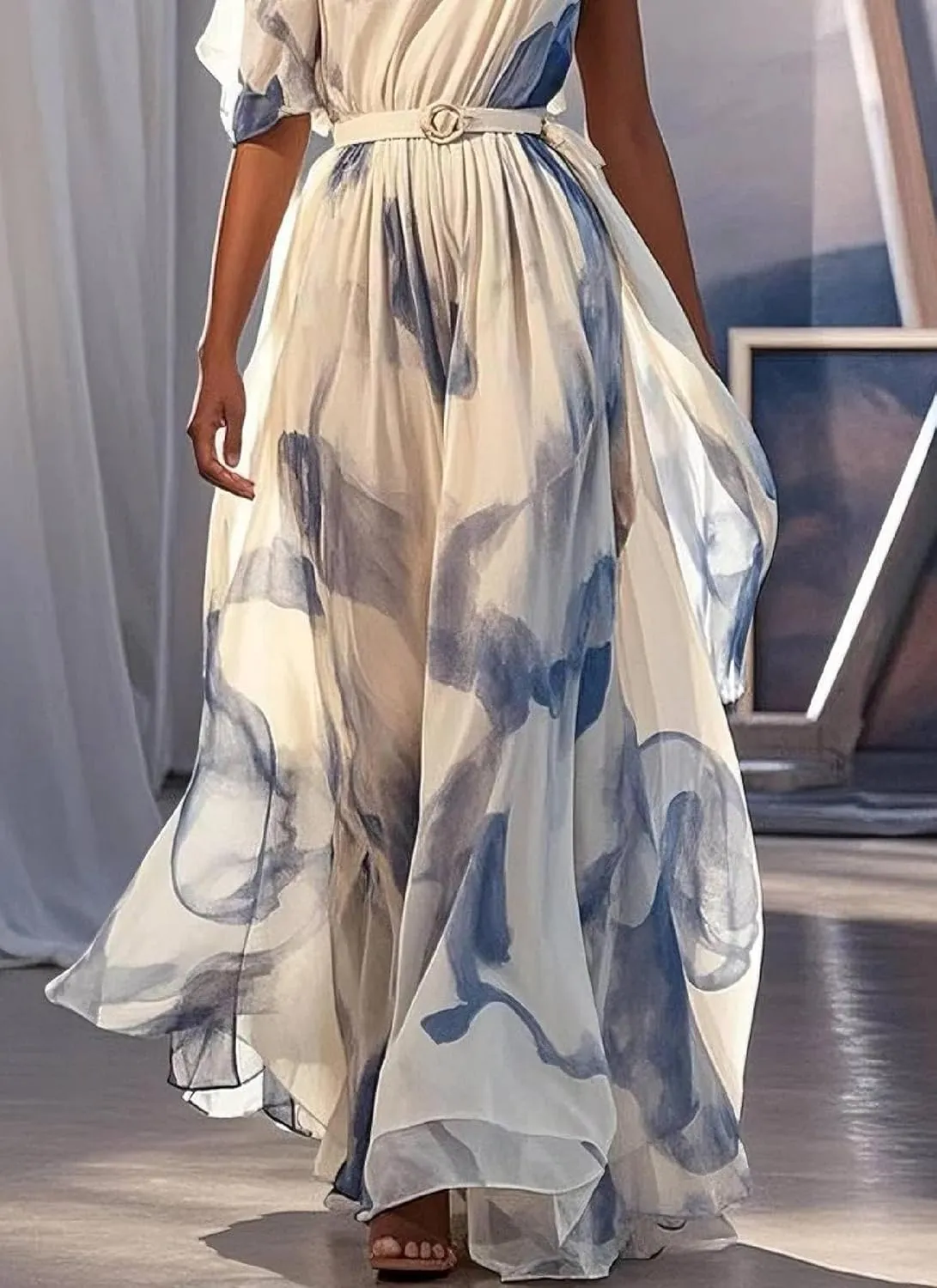 Women's Elegant One Shoulder Dress Flowy Summer Short Sleeve Tiered Ruffle Hem Cocktail Wedding Guest Maxi Dresses