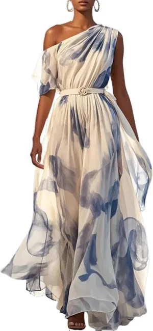 Women's Elegant One Shoulder Dress Flowy Summer Short Sleeve Tiered Ruffle Hem Cocktail Wedding Guest Maxi Dresses