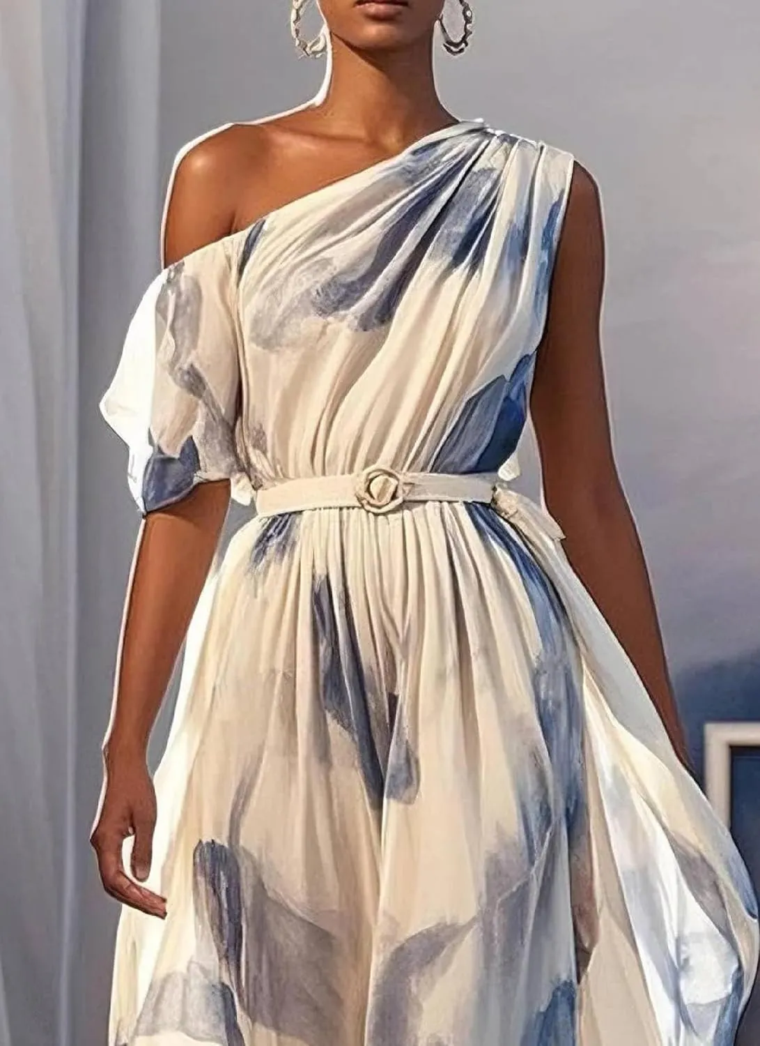 Women's Elegant One Shoulder Dress Flowy Summer Short Sleeve Tiered Ruffle Hem Cocktail Wedding Guest Maxi Dresses