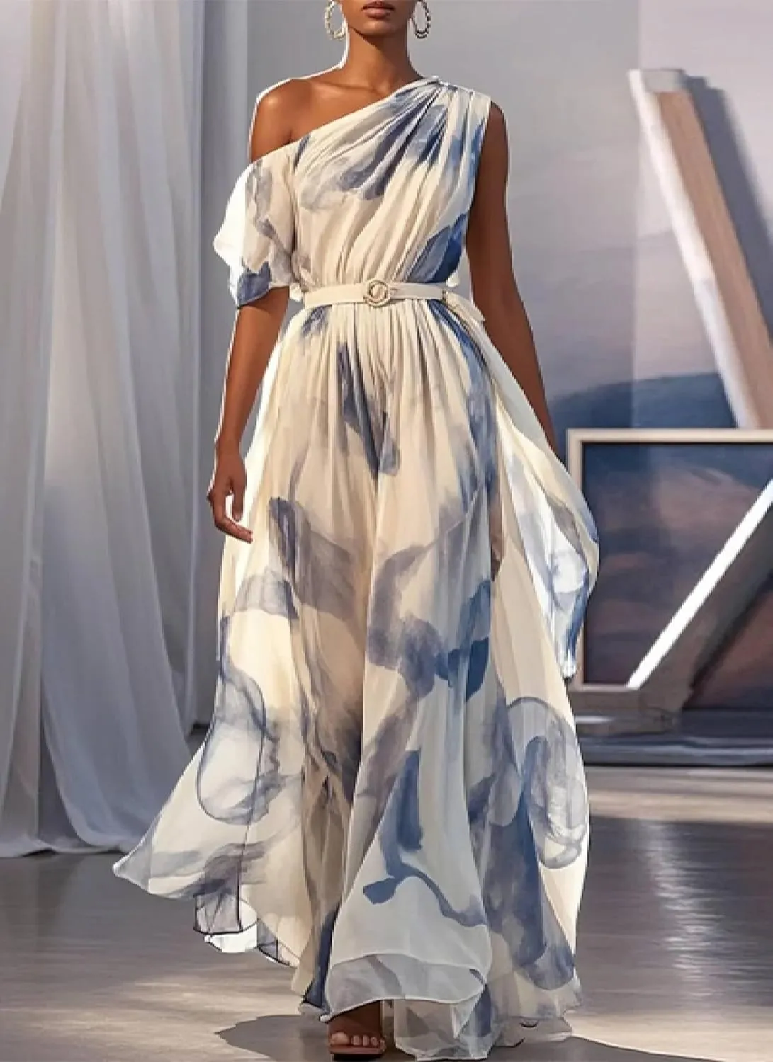 Women's Elegant One Shoulder Dress Flowy Summer Short Sleeve Tiered Ruffle Hem Cocktail Wedding Guest Maxi Dresses