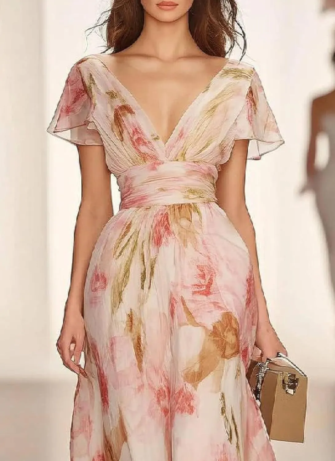 Women's Elegant Short Ruffle Sleeve Dress Boho Floral Print Sexy V Neck High Waist Tiered Hem Cocktail Party Maxi Dresses