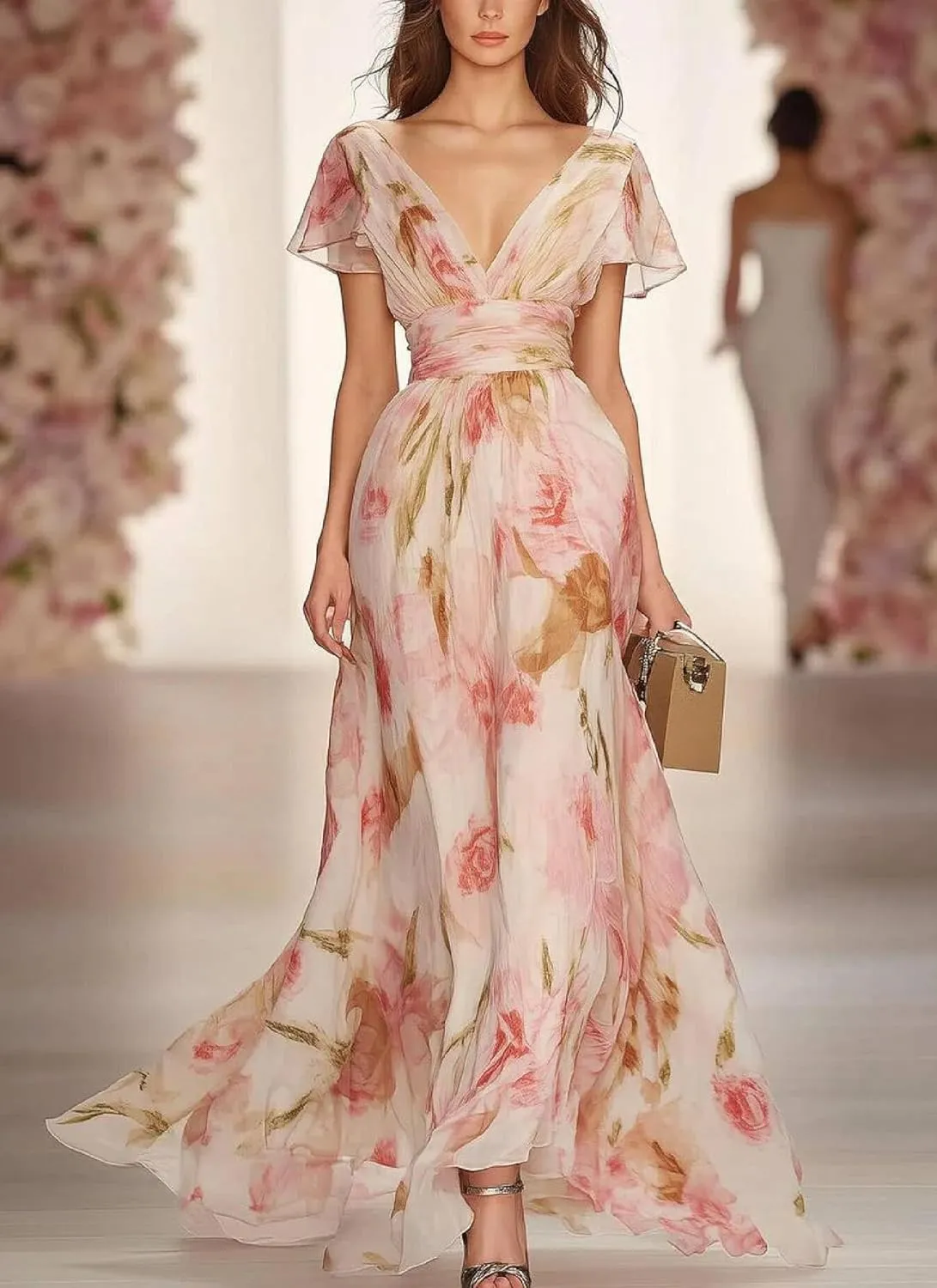 Women's Elegant Short Ruffle Sleeve Dress Boho Floral Print Sexy V Neck High Waist Tiered Hem Cocktail Party Maxi Dresses