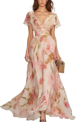 Women's Elegant Short Ruffle Sleeve Dress Boho Floral Print Sexy V Neck High Waist Tiered Hem Cocktail Party Maxi Dresses