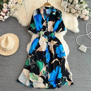 Women's Fashion floral print flower line dress with belt 236893