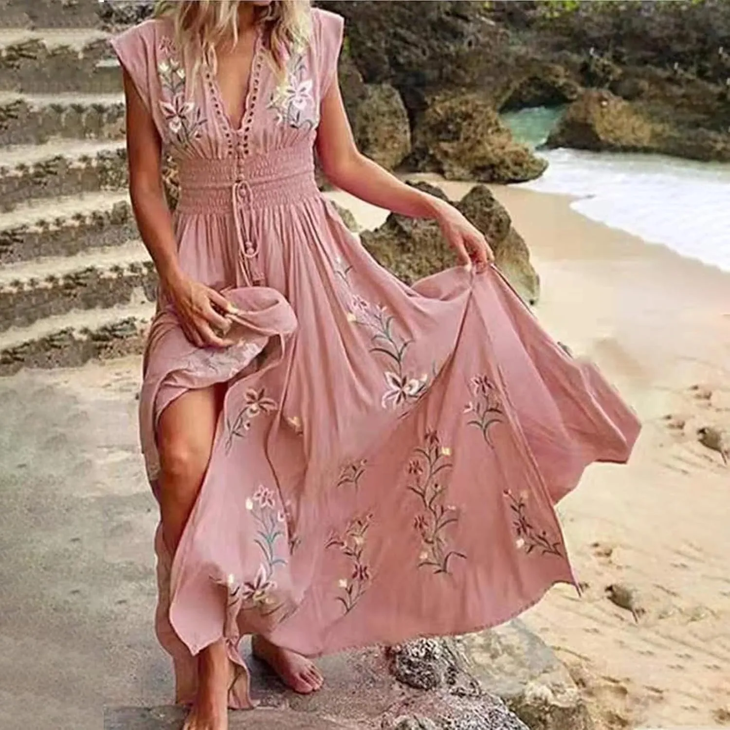 Women's Floral Maxi Dress Summer Beach Sundress Flowy Midi Boho Dresses Sleeveless V-Neck Waist Vacation Long Skirts