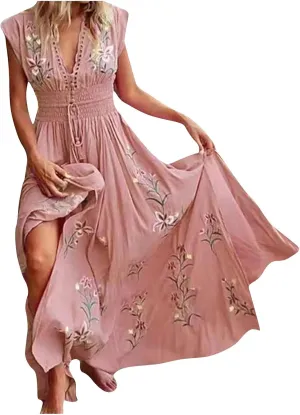 Women's Floral Maxi Dress Summer Beach Sundress Flowy Midi Boho Dresses Sleeveless V-Neck Waist Vacation Long Skirts